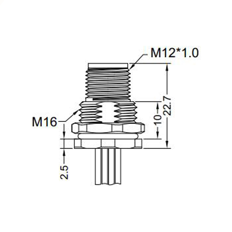 M12 3pins A code male straight front panel mount connector M16 thread,unshielded,single wires,brass with nickel plated shell